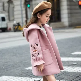 2018 Autumn Winter Girls Woolen Coat Pink Red Flores Sleeves Long Jacket for Kids Age 8 10 12T
