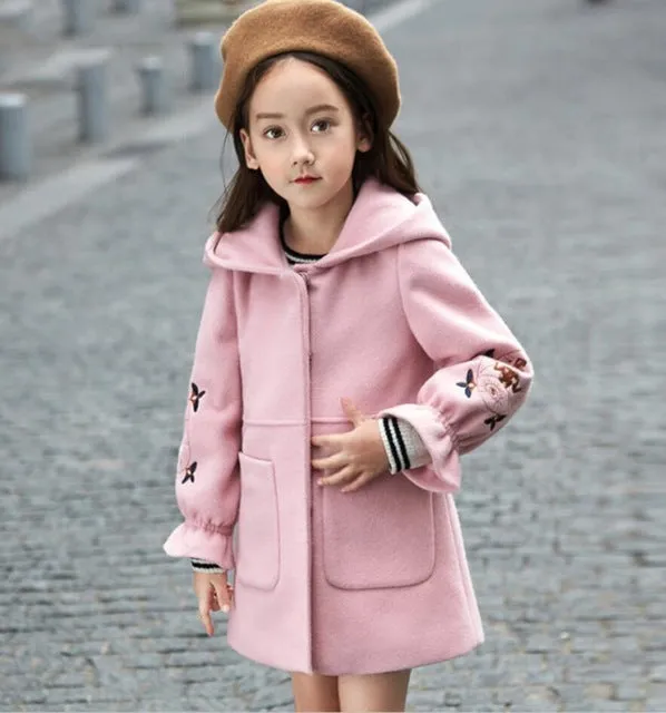 2018 Autumn Winter Girls Woolen Coat Pink Red Flores Sleeves Long Jacket for Kids Age 8 10 12T