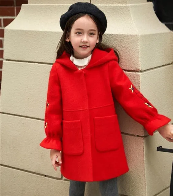 2018 Autumn Winter Girls Woolen Coat Pink Red Flores Sleeves Long Jacket for Kids Age 8 10 12T
