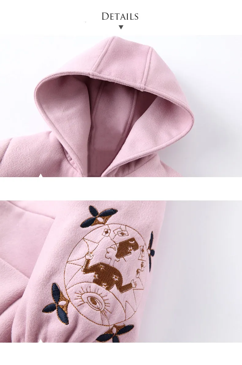 2018 Autumn Winter Girls Woolen Coat Pink Red Flores Sleeves Long Jacket for Kids Age 8 10 12T