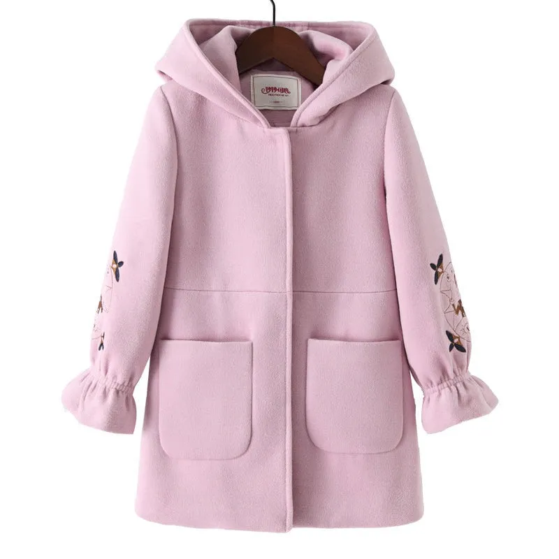 2018 Autumn Winter Girls Woolen Coat Pink Red Flores Sleeves Long Jacket for Kids Age 8 10 12T