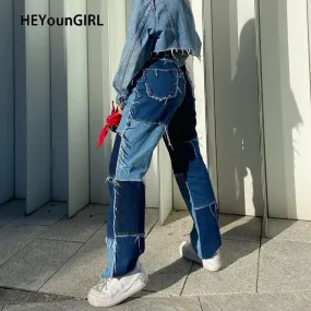 2021 HEYounGIRL Women Casual Long Jeans Denim Patchwork Denim Pants Sizes S - XL