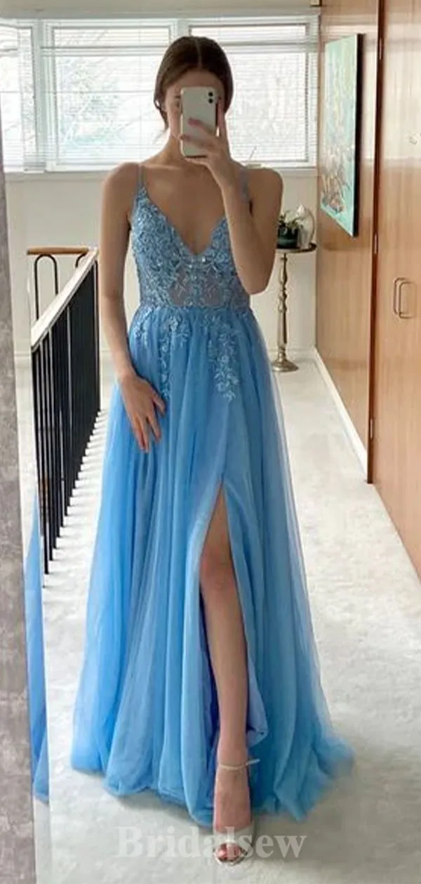 A-line Charming Blue Spaghetti Straps Tulle Long Party Evening Prom Dresses PD1286
