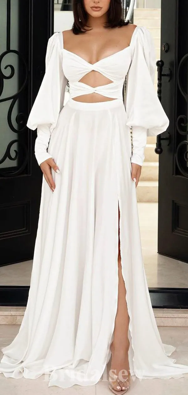 A-line Long Sleeves Chiffon Simple Modest Long Evening Prom Dresses, PD1221