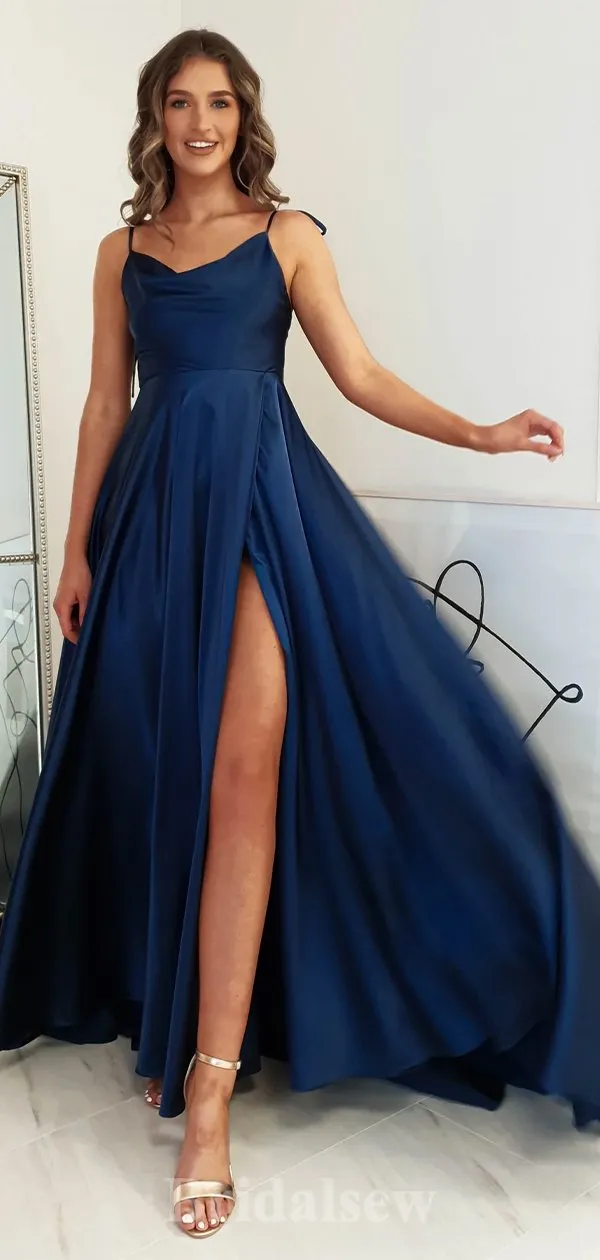 A-line Navy Blue Spaghetti Straps Simple Elegant Long Party Evening Prom Dresses PD1283