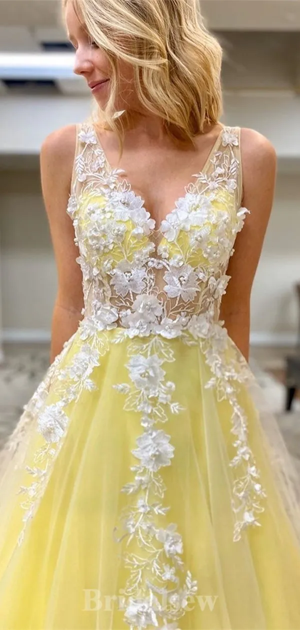 A-line V-Neck Sleeveless Yellow Tulle Elegant Modest Long Party Evening Prom Dresses PD1314