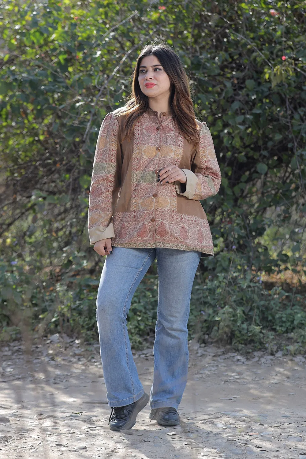 Alluring Brown Colour Antique Jamawar Pashmina Jacket With Beautiful Designer Pattern Defines Sophistication.