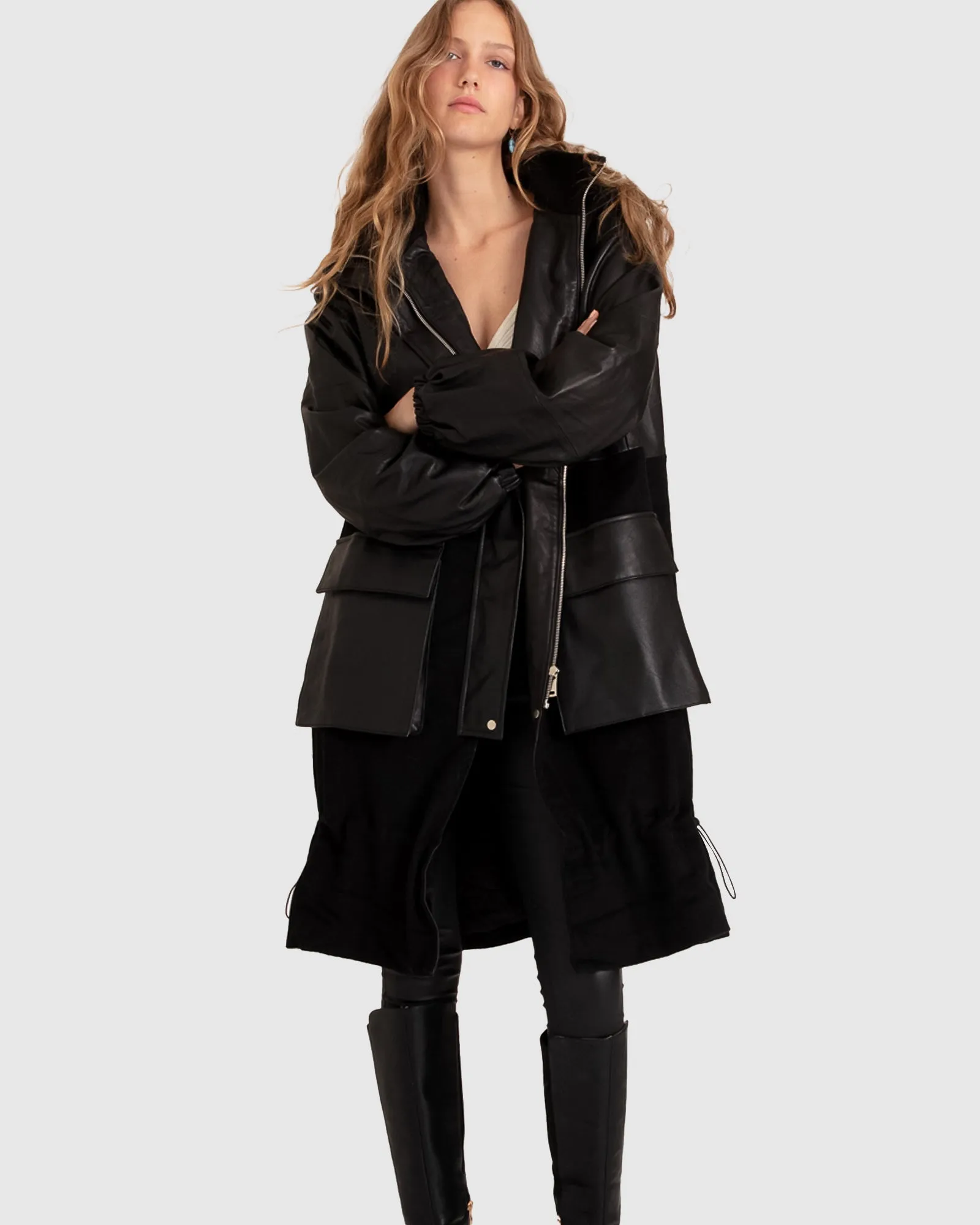 Back to Black Oversized Leather Panelled Coat - Black