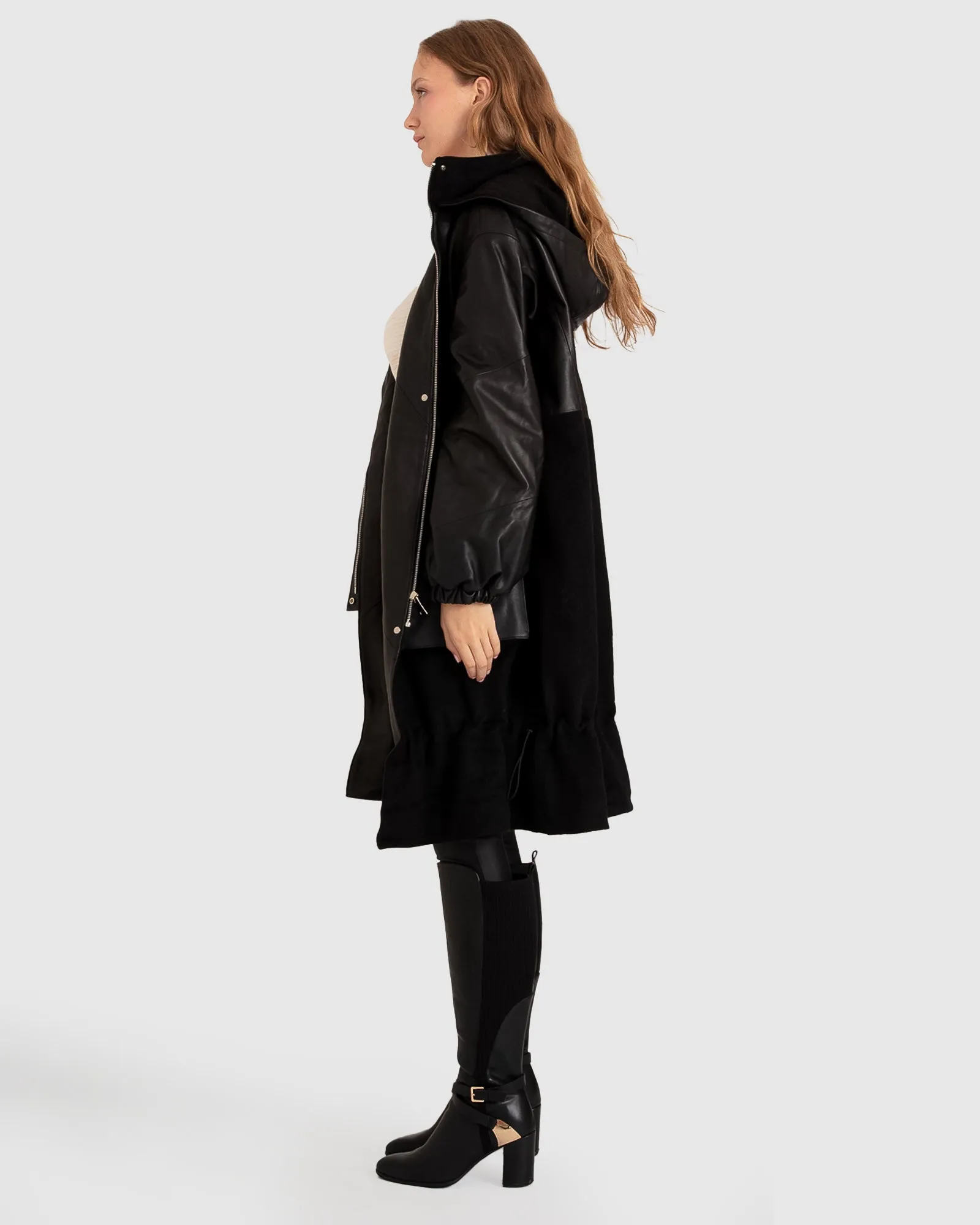 Back to Black Oversized Leather Panelled Coat - Black