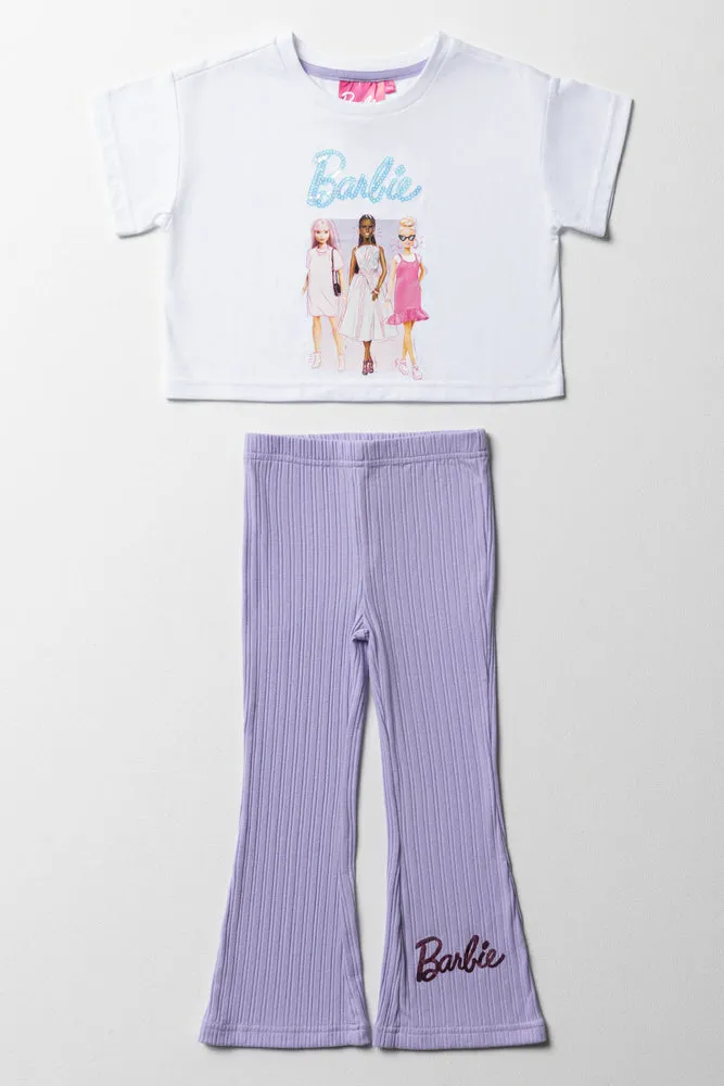 Barbie Oversized Short Sleeve T-Shirt & Flare Leggings Set White & Purple