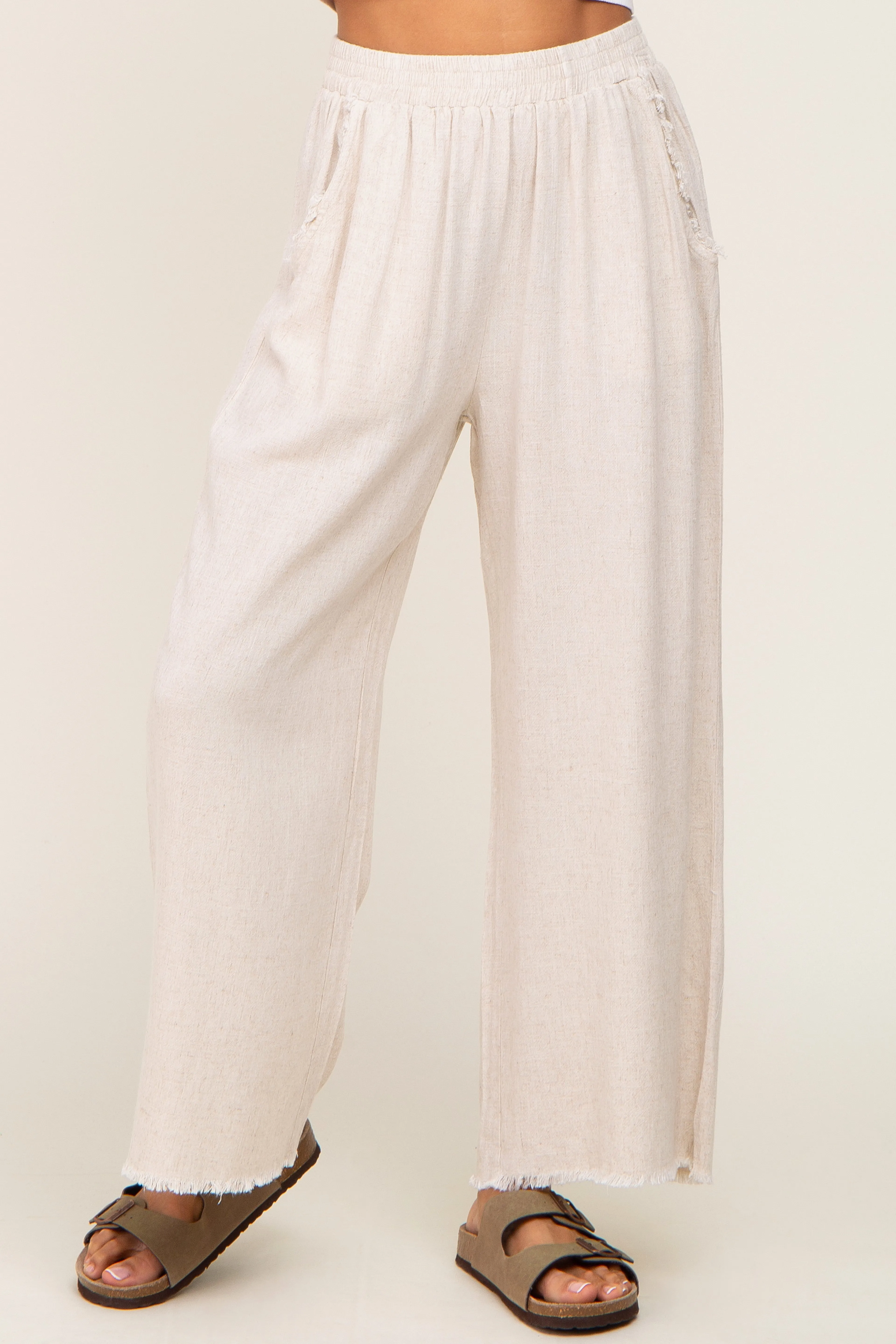 Beige Fringe Hem Linen Pants