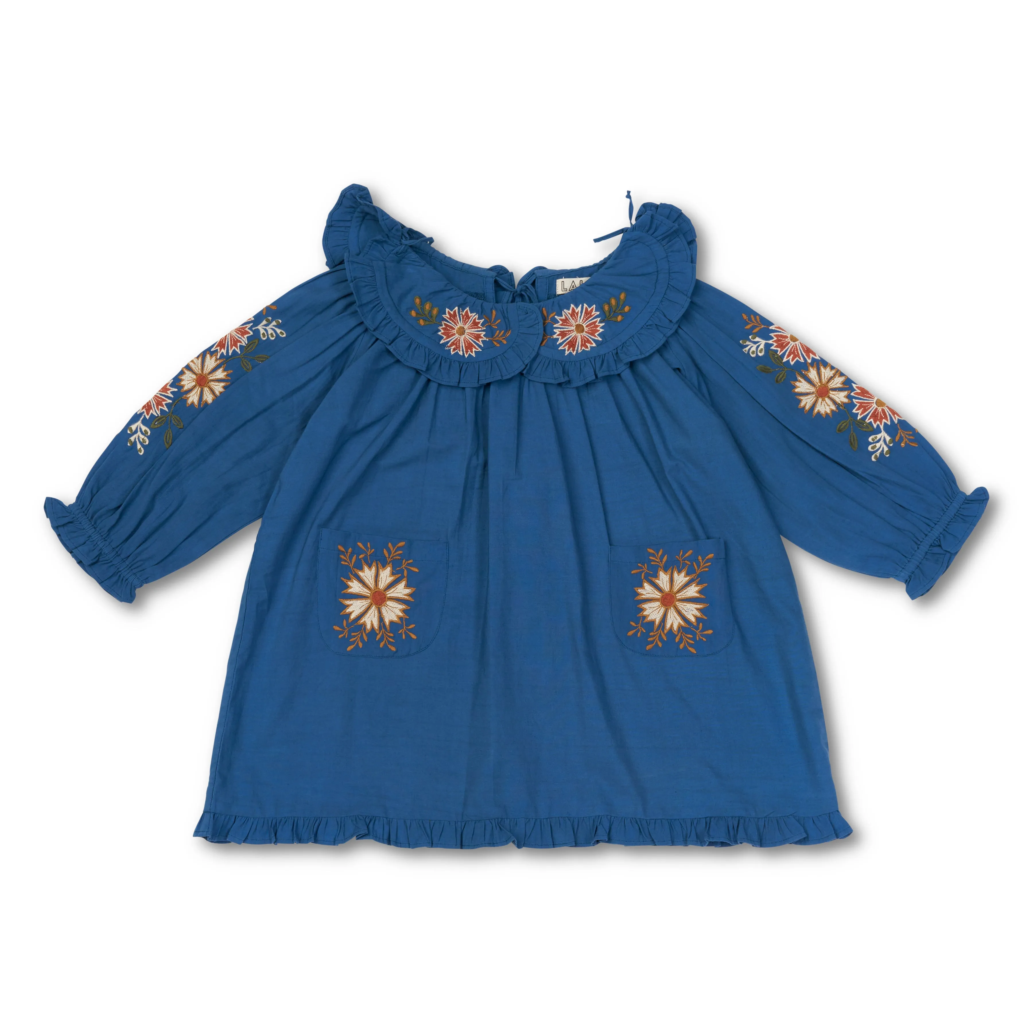 BELLE DRESS, AZURE WITH EMBROIDERY