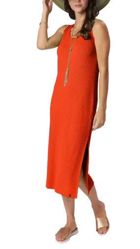 Betsy Vertical Rib Knit Sleeveless Mid-calf Sheath Dress; Bright Orange