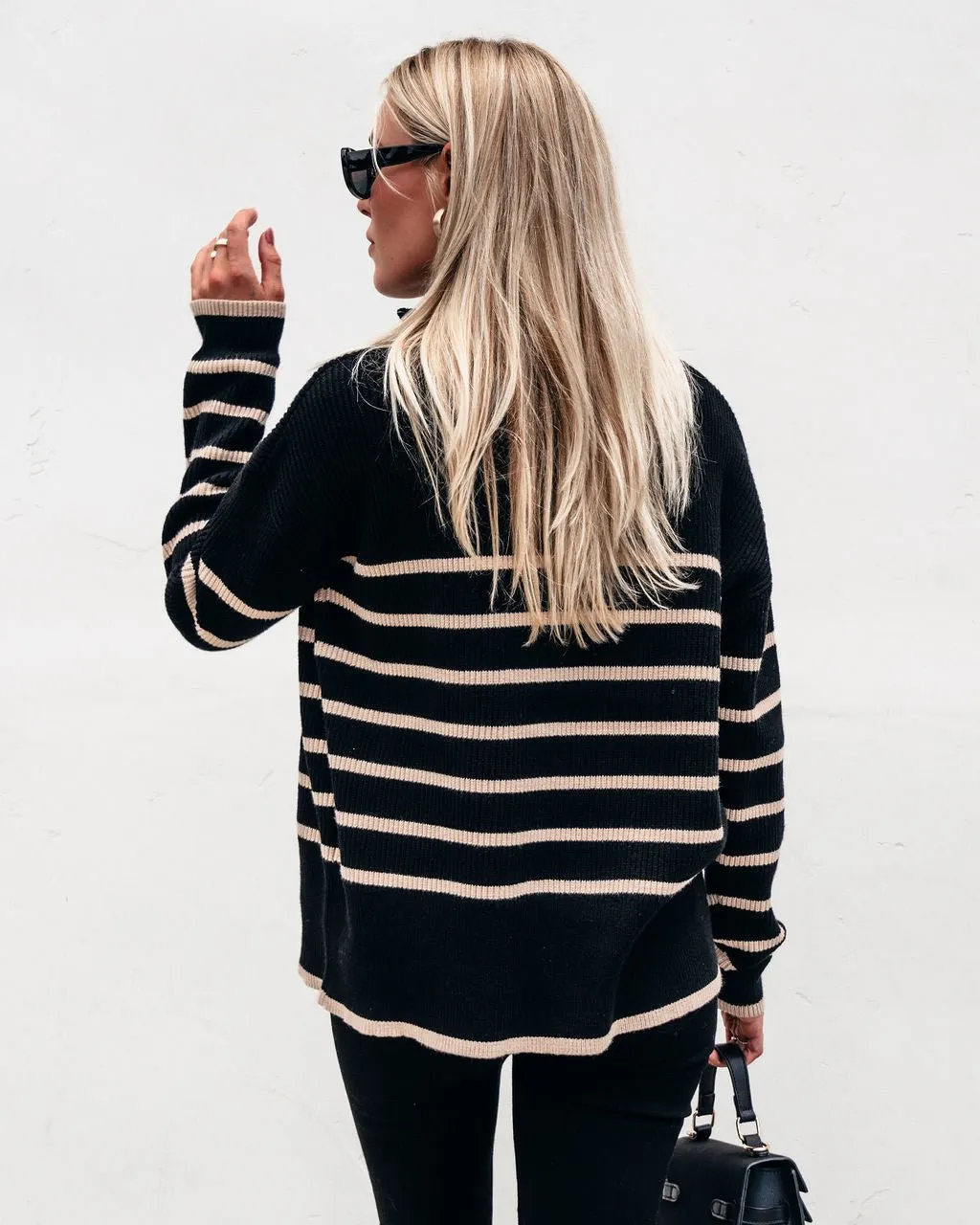 Black and Taupe Striped Zip Up Sweater