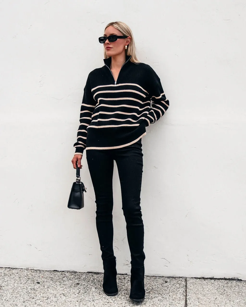 Black and Taupe Striped Zip Up Sweater