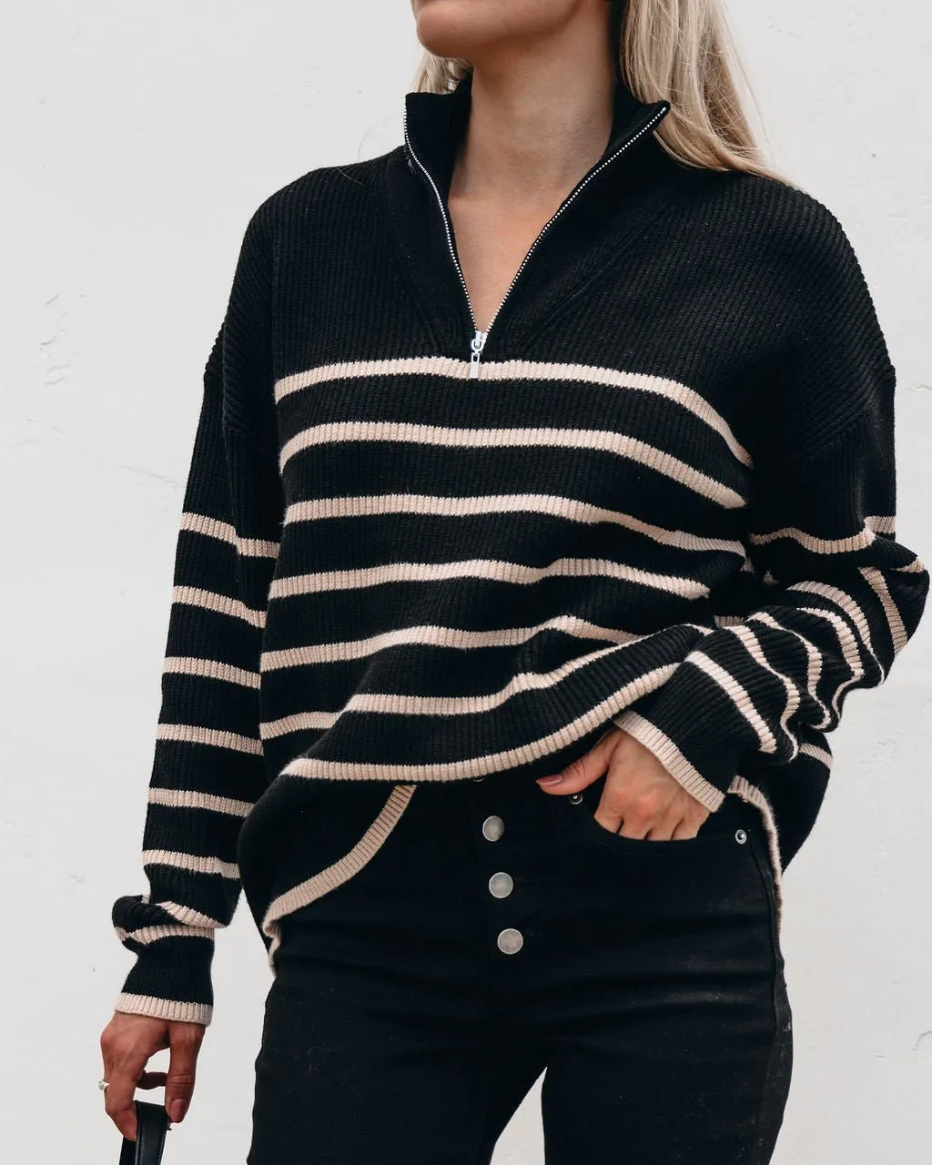 Black and Taupe Striped Zip Up Sweater