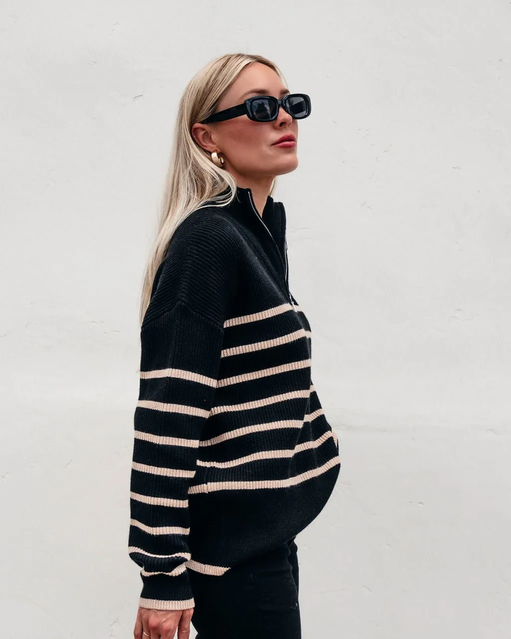 Black and Taupe Striped Zip Up Sweater