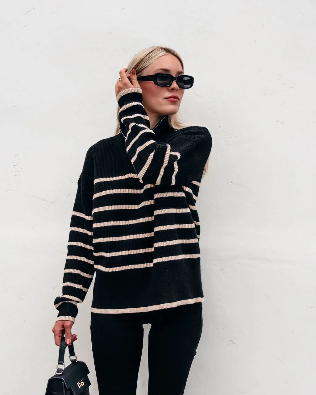 Black and Taupe Striped Zip Up Sweater