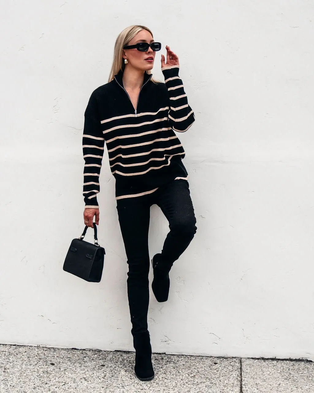 Black and Taupe Striped Zip Up Sweater