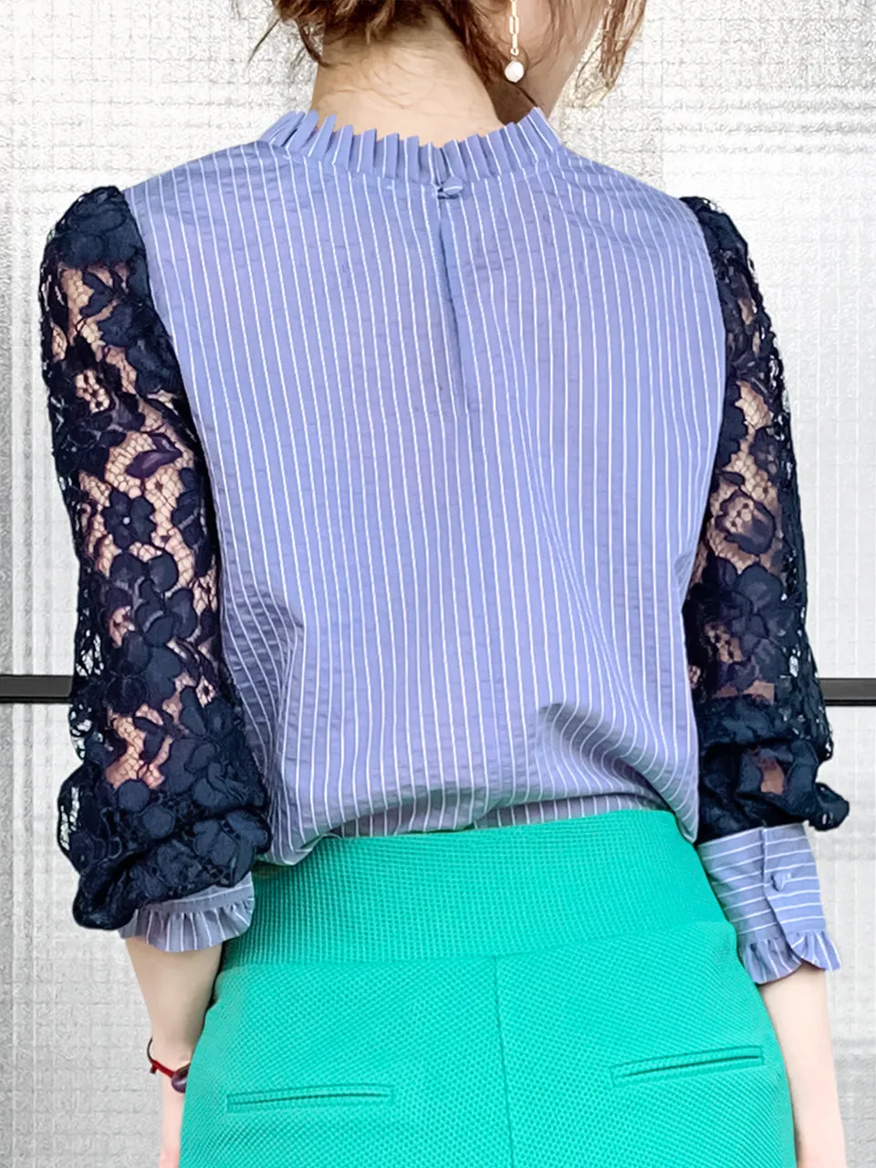 Blue Stripe Navy Lace Sleeves Ruffle Collar Blouse