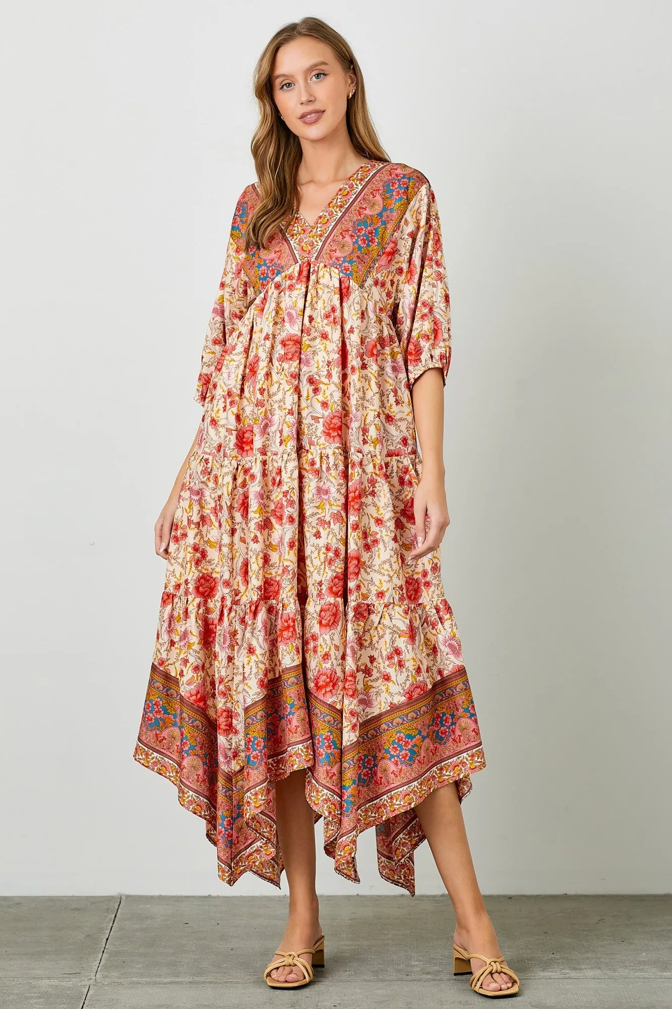 Border Print Hanky Hem Midi Dress