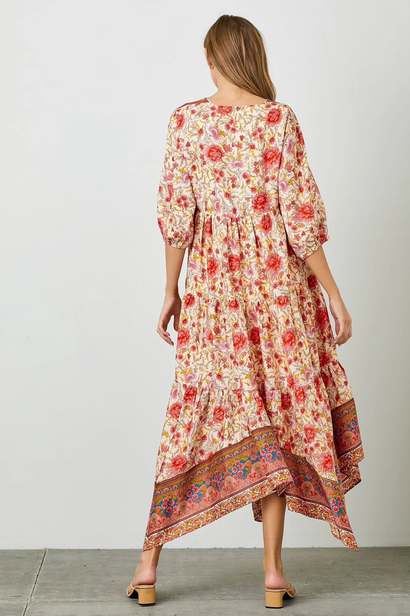 Border Print Hanky Hem Midi Dress