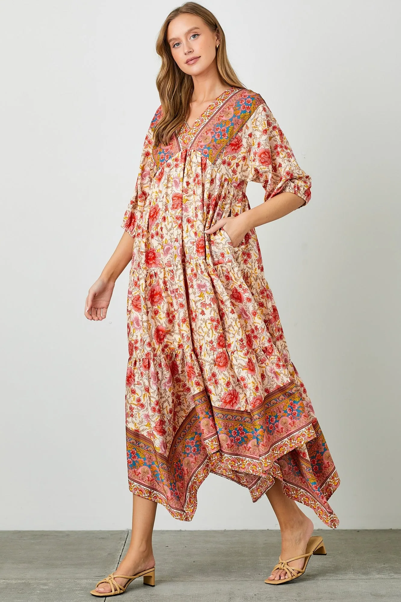 Border Print Hanky Hem Midi Dress