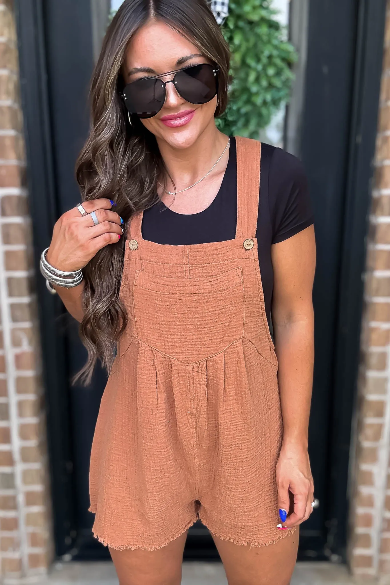 Caramel Sleeveless Romper with Back Pockets & Unfinished Frayed Hem