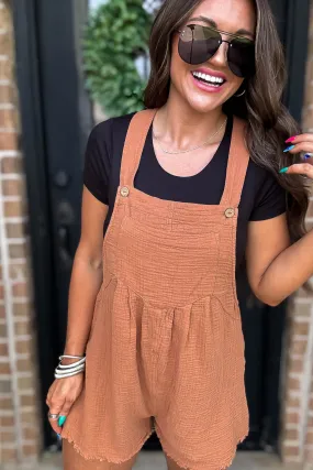 Caramel Sleeveless Romper with Back Pockets & Unfinished Frayed Hem