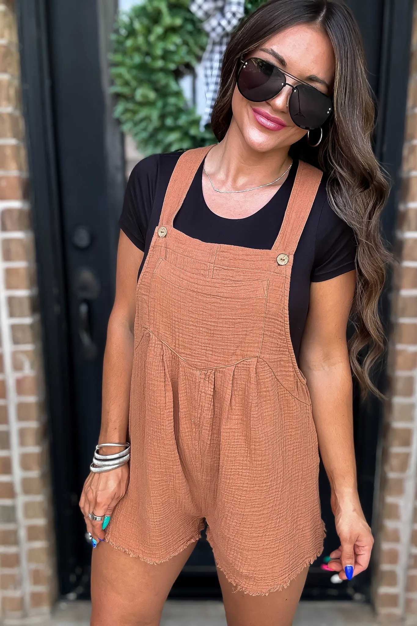 Caramel Sleeveless Romper with Back Pockets & Unfinished Frayed Hem