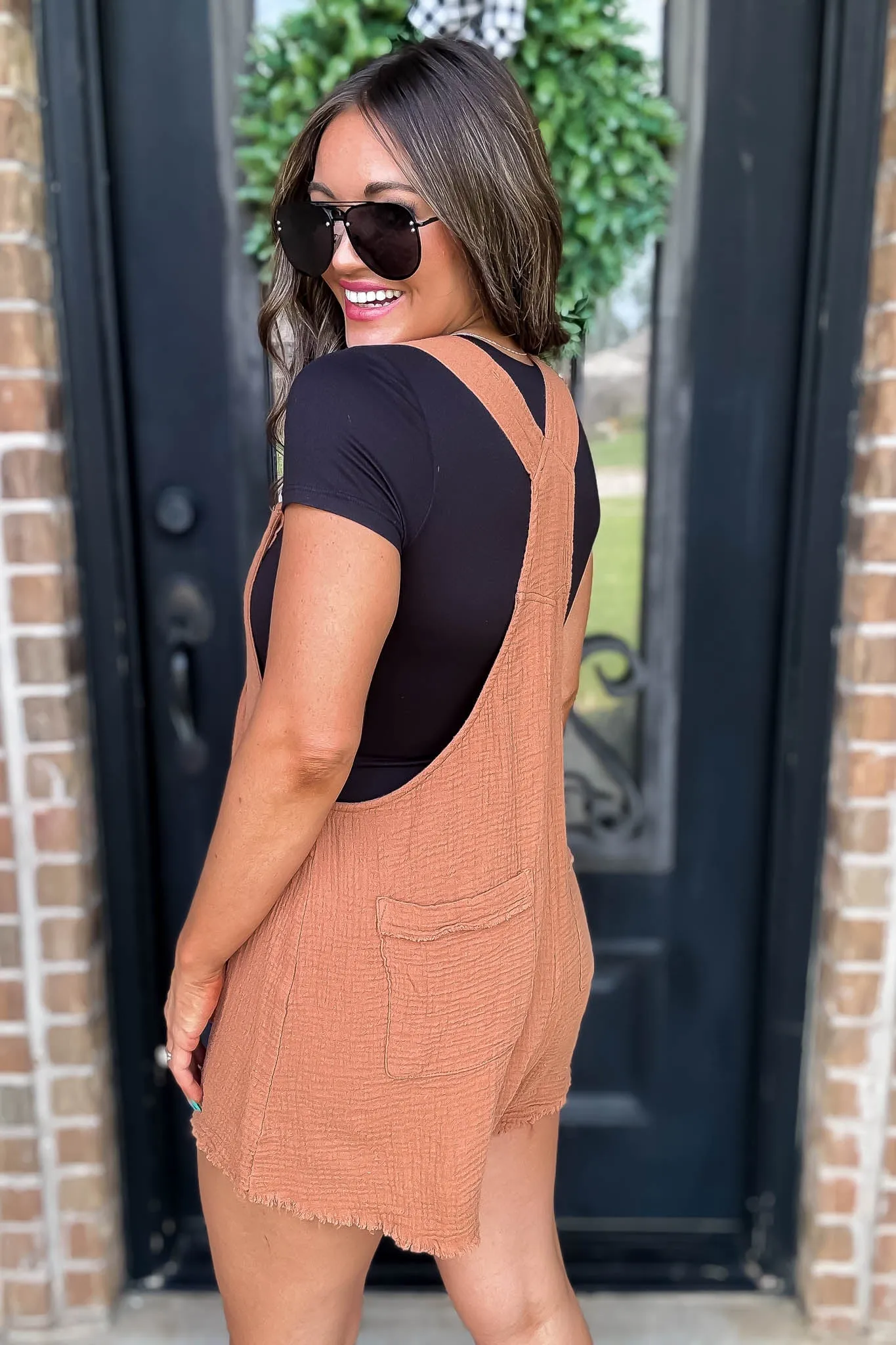 Caramel Sleeveless Romper with Back Pockets & Unfinished Frayed Hem