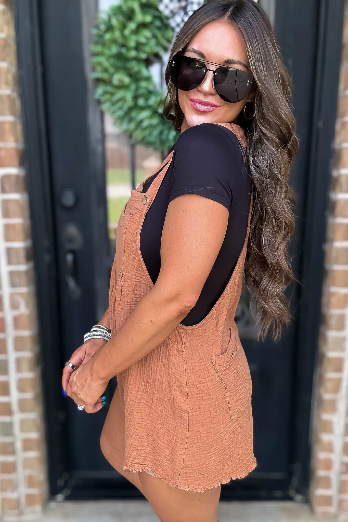 Caramel Sleeveless Romper with Back Pockets & Unfinished Frayed Hem