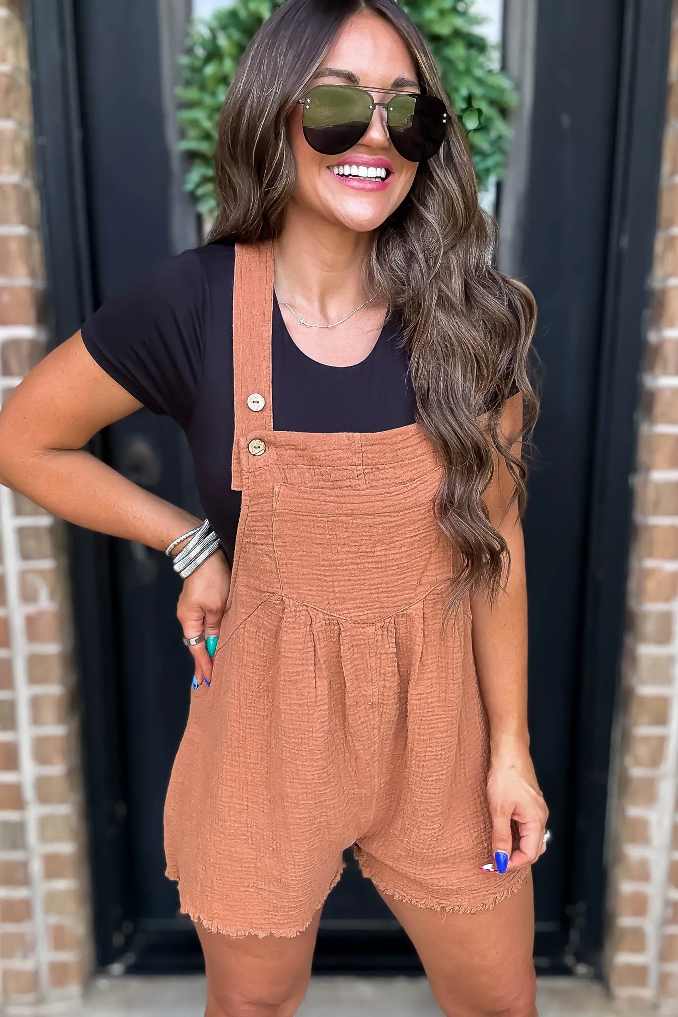 Caramel Sleeveless Romper with Back Pockets & Unfinished Frayed Hem