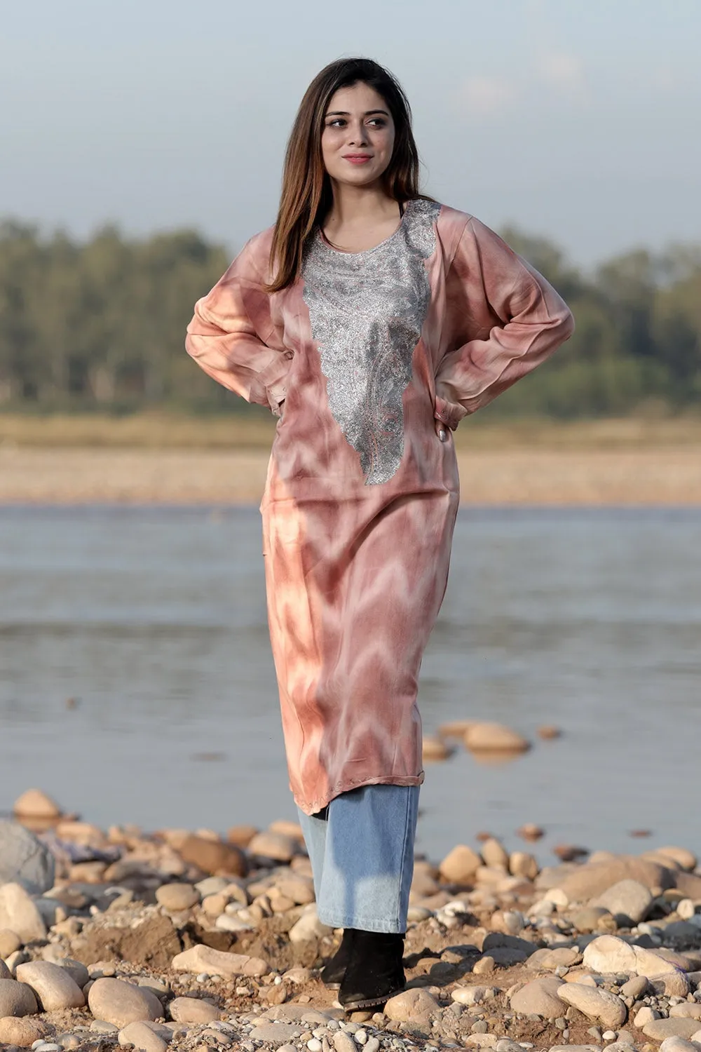 CHARISMATIC RUST COLOUR TIE-DYE Aari Tilla Work Embroidered Phiran Enriched Designer Neckline Pattern