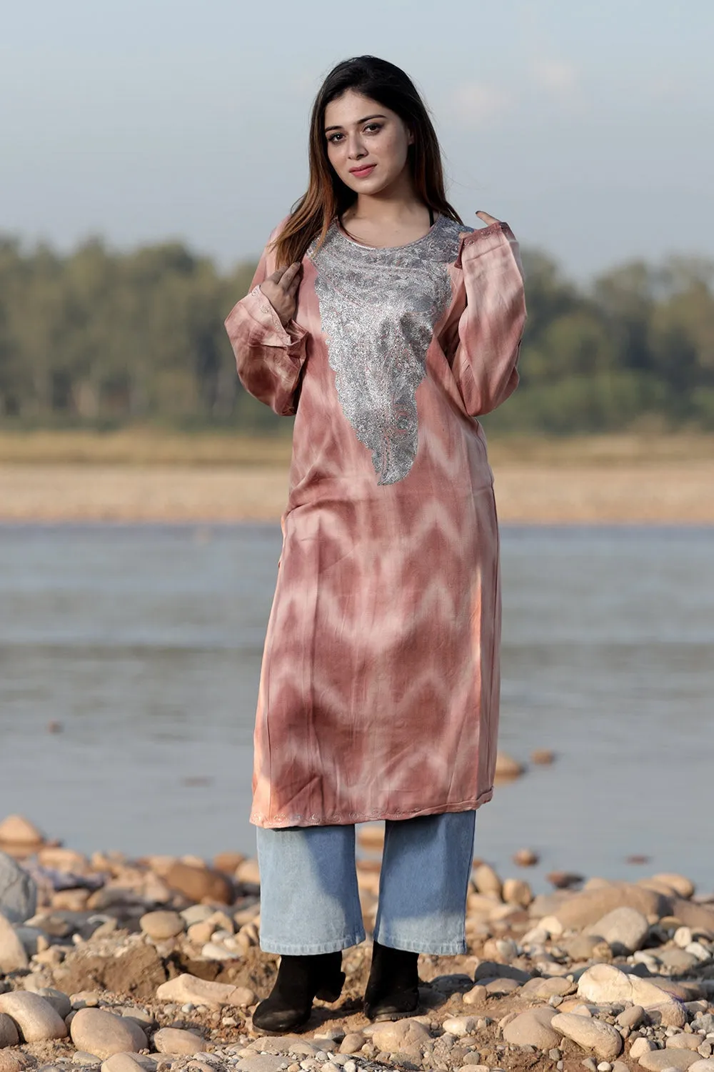 CHARISMATIC RUST COLOUR TIE-DYE Aari Tilla Work Embroidered Phiran Enriched Designer Neckline Pattern
