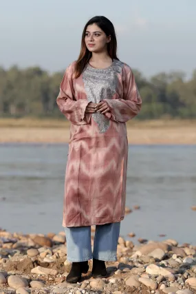 CHARISMATIC RUST COLOUR TIE-DYE Aari Tilla Work Embroidered Phiran Enriched Designer Neckline Pattern