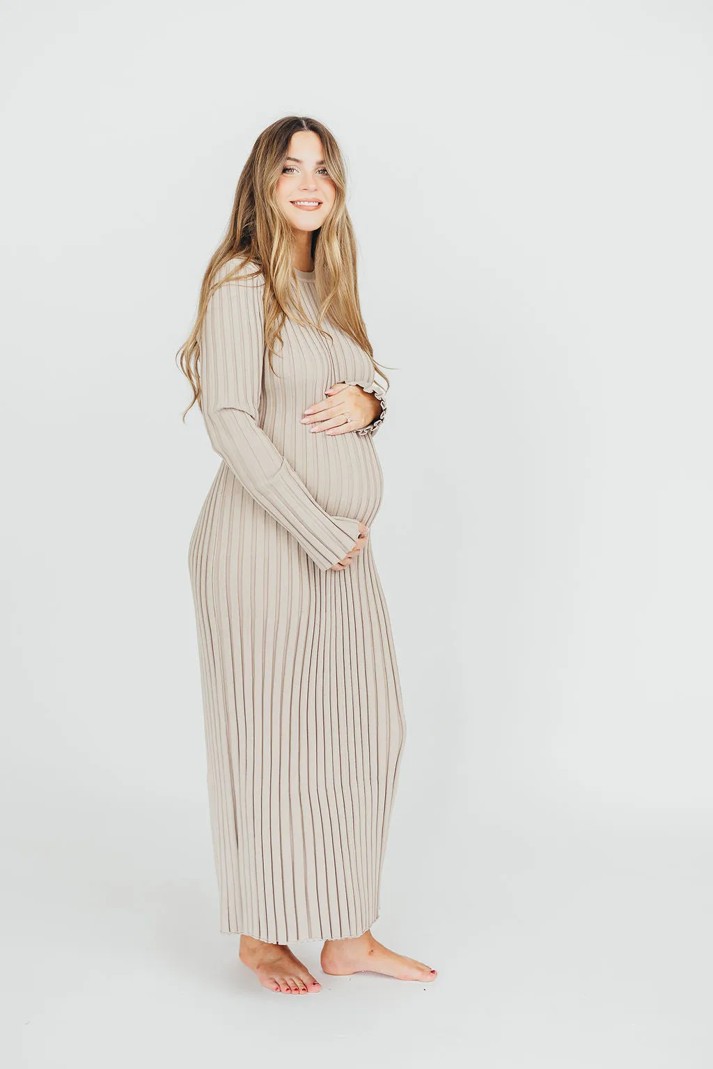 Colette Premium Long Sleeved Ribbed Knit Maxi Dress in Stone - Bump Friendly