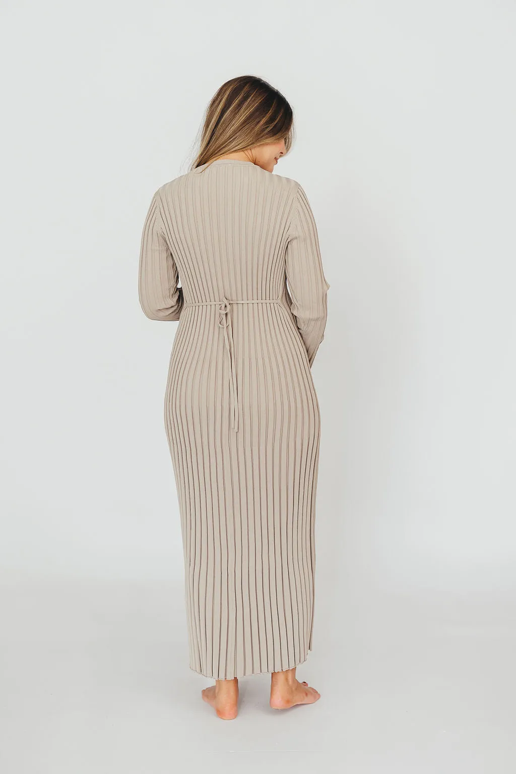 Colette Premium Long Sleeved Ribbed Knit Maxi Dress in Stone - Bump Friendly