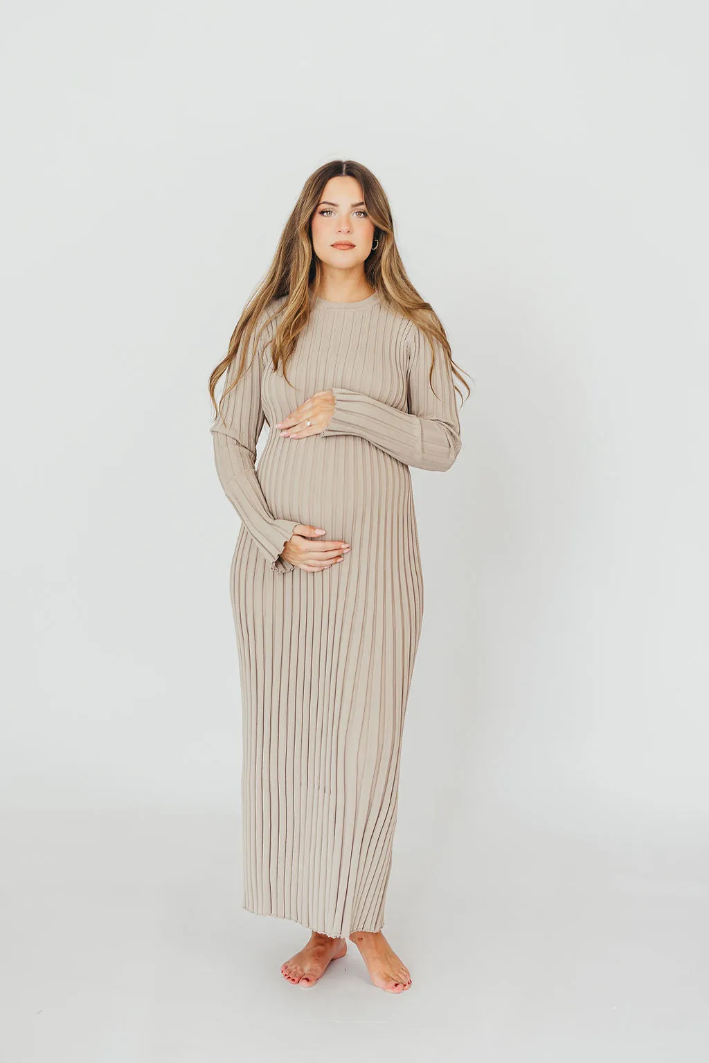 Colette Premium Long Sleeved Ribbed Knit Maxi Dress in Stone - Bump Friendly