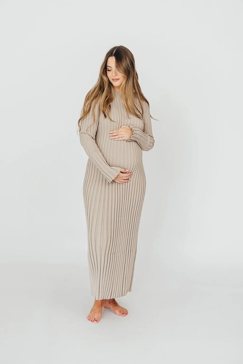 Colette Premium Long Sleeved Ribbed Knit Maxi Dress in Stone - Bump Friendly