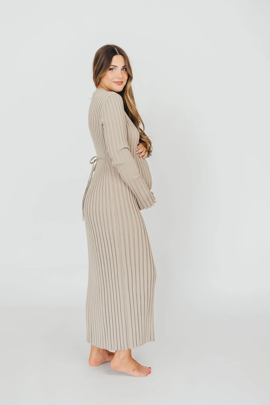 Colette Premium Long Sleeved Ribbed Knit Maxi Dress in Stone - Bump Friendly