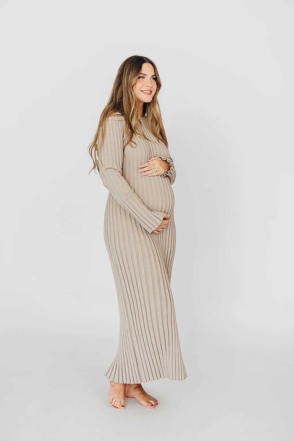 Colette Premium Long Sleeved Ribbed Knit Maxi Dress in Stone - Bump Friendly