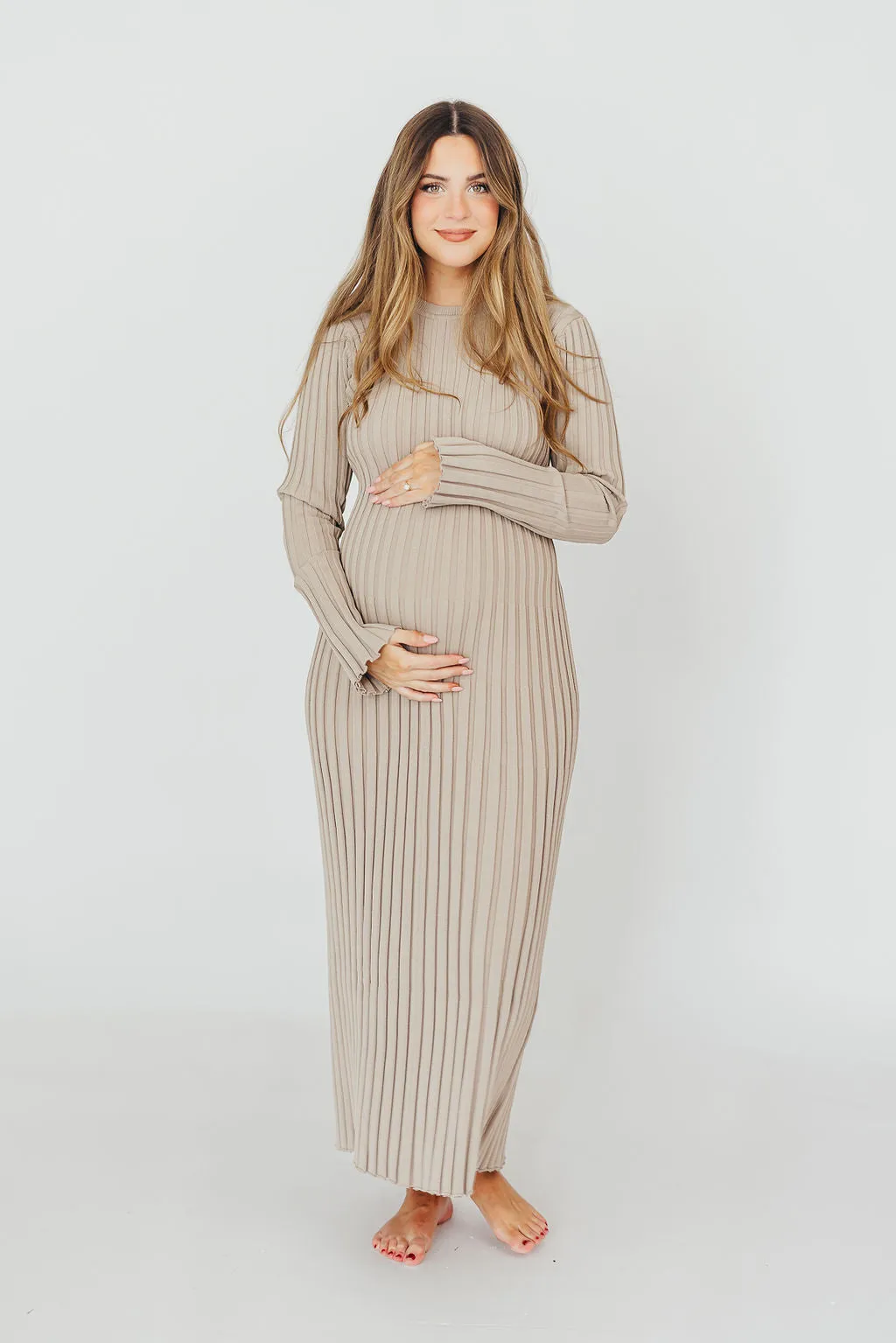 Colette Premium Long Sleeved Ribbed Knit Maxi Dress in Stone - Bump Friendly