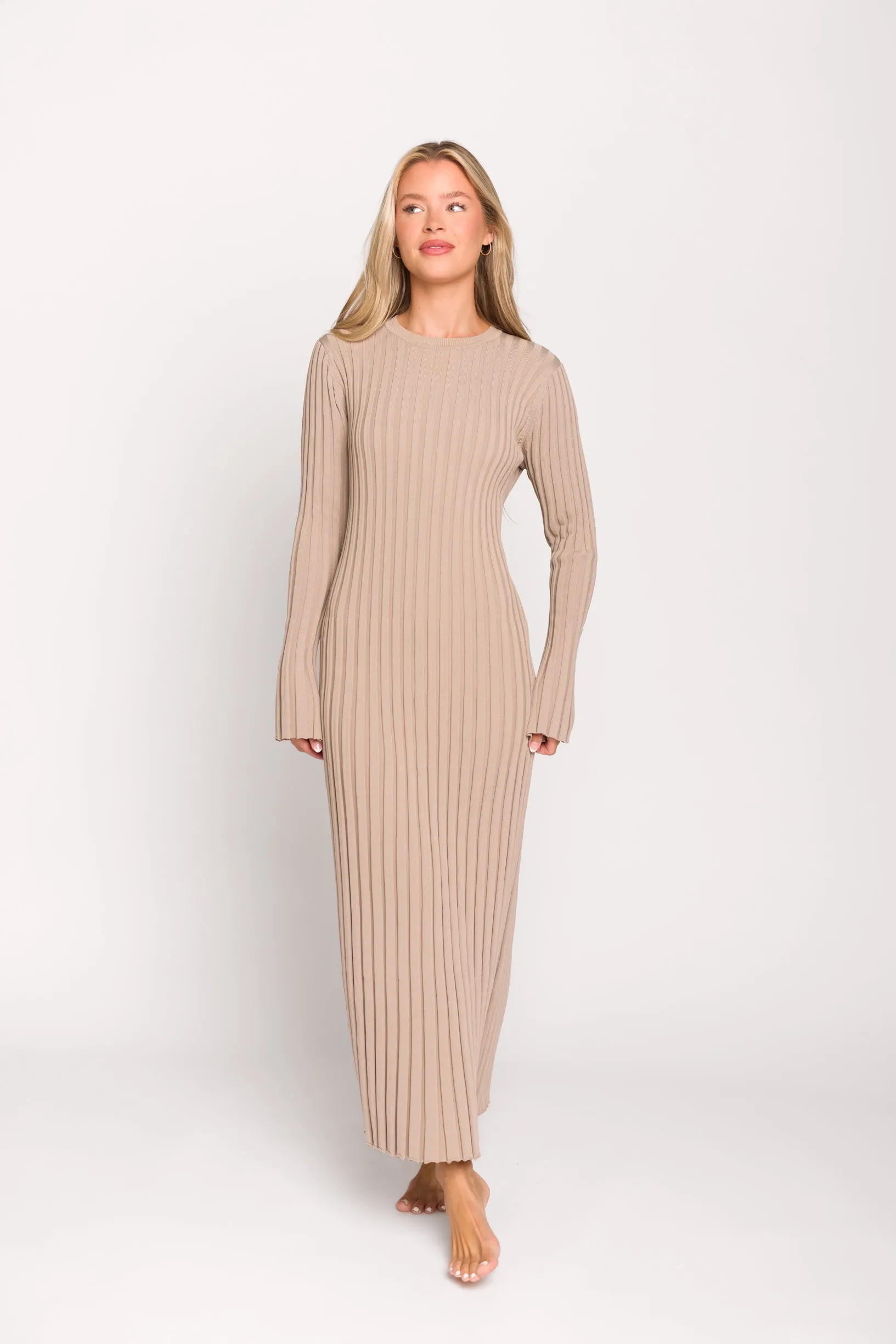 Colette Premium Long Sleeved Ribbed Knit Maxi Dress in Stone - Bump Friendly