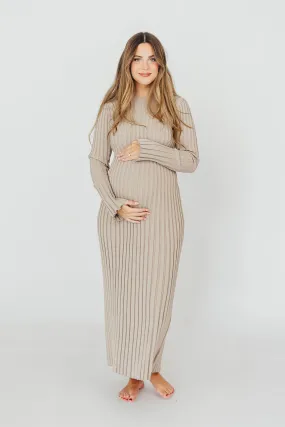Colette Premium Long Sleeved Ribbed Knit Maxi Dress in Stone - Bump Friendly
