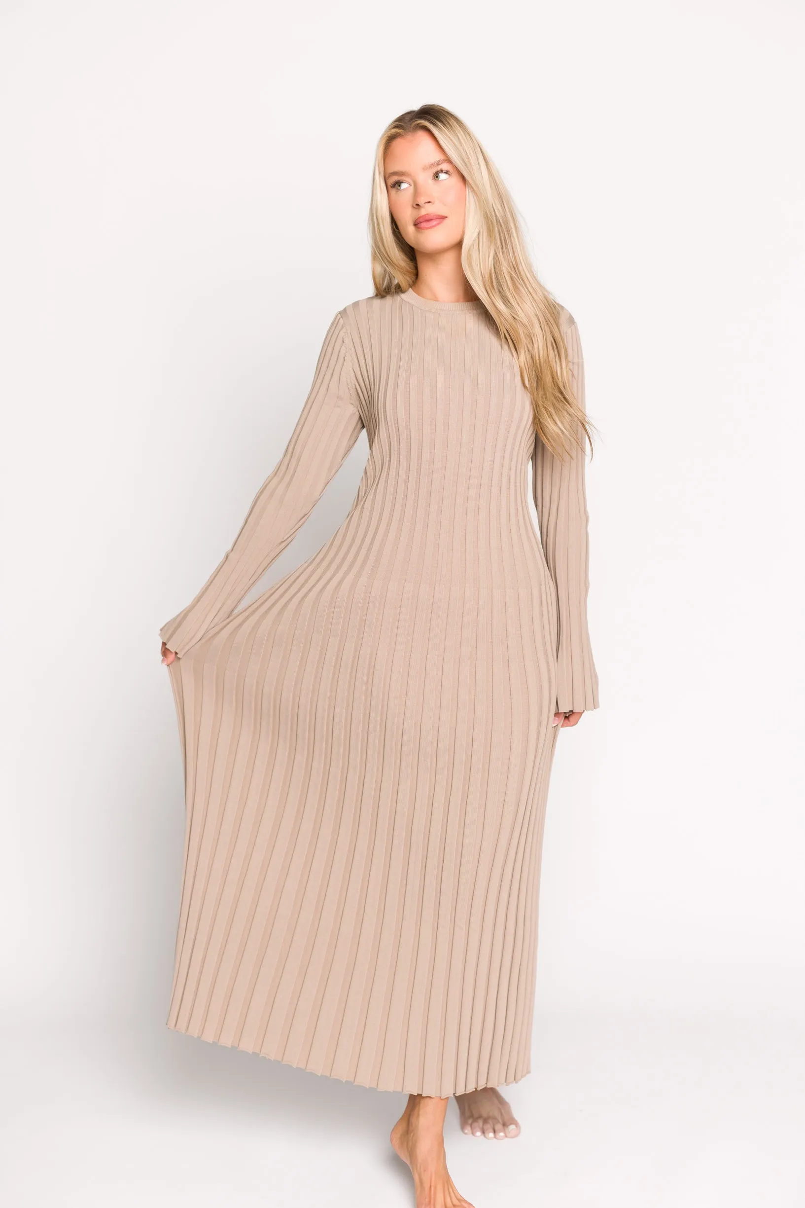 Colette Premium Long Sleeved Ribbed Knit Maxi Dress in Stone - Bump Friendly