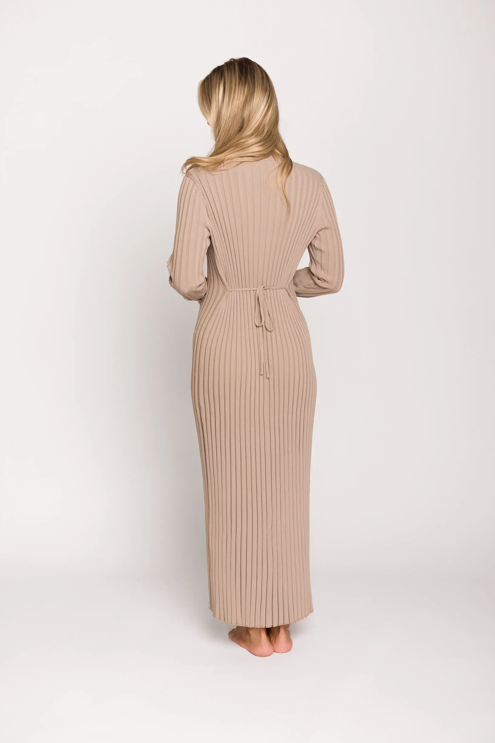 Colette Premium Long Sleeved Ribbed Knit Maxi Dress in Stone - Bump Friendly
