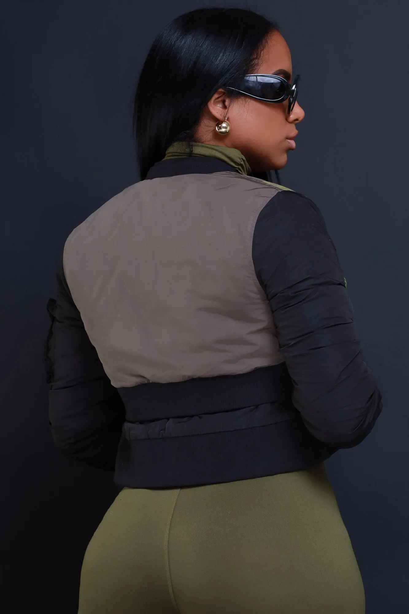 Count On Me Color Block Bomber Jacket - Black/Olive
