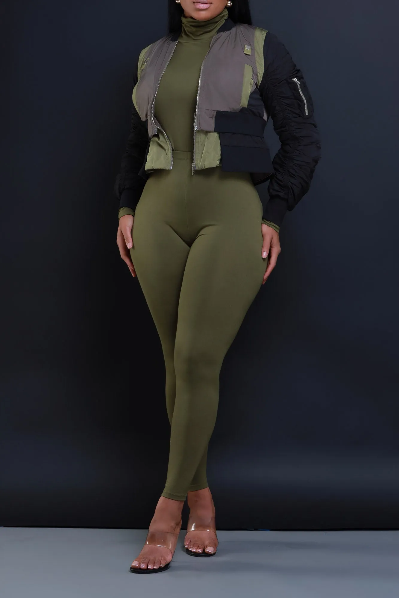 Count On Me Color Block Bomber Jacket - Black/Olive