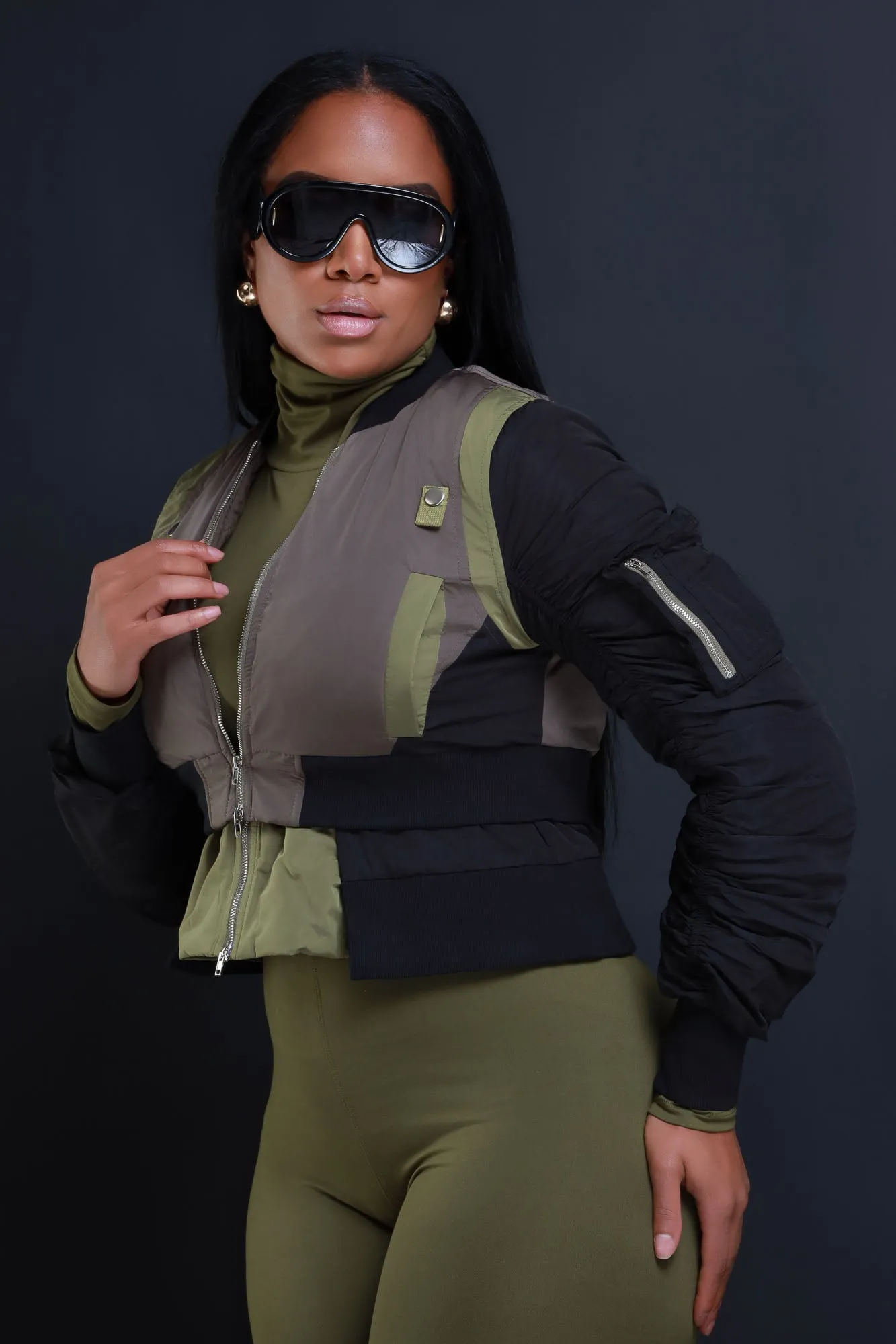 Count On Me Color Block Bomber Jacket - Black/Olive